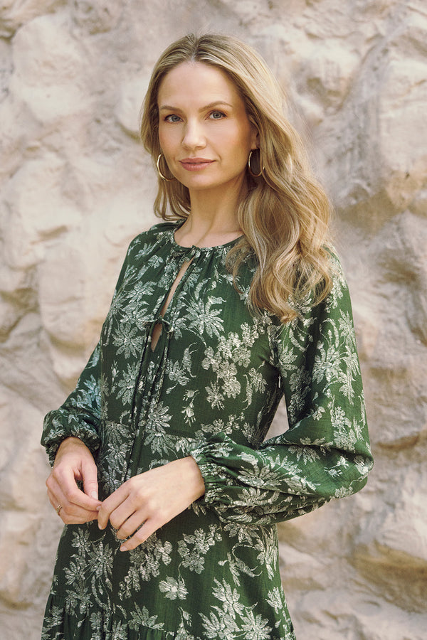 Green | Floral Long Sleeve Tie Neck Maxi Dress : Model is 5'10"/178 cm and wears UK10/EU38/US6/AUS10