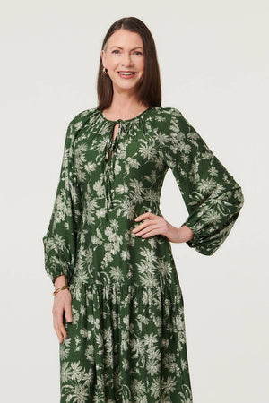 Green | Floral Long Sleeve Tie Neck Maxi Dress