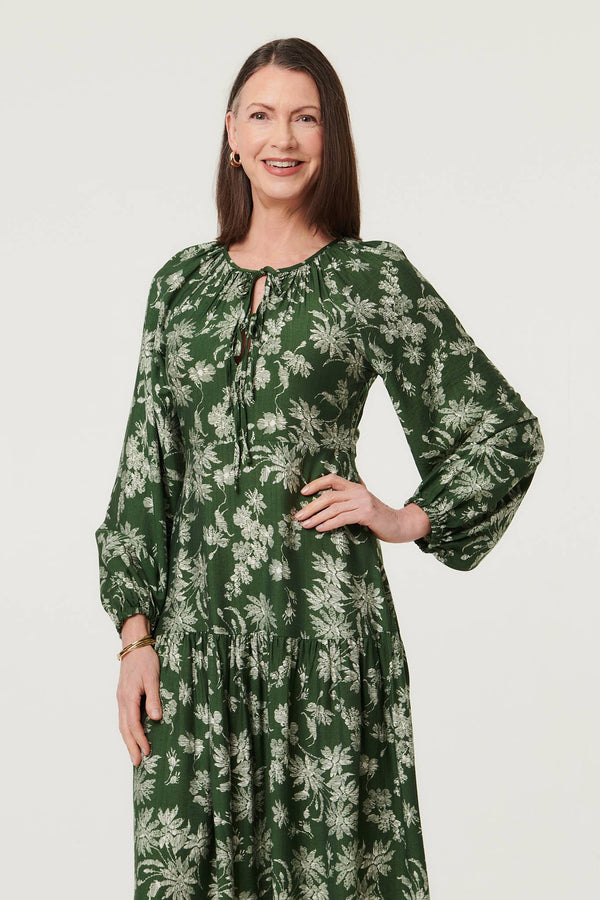 Green | Floral Long Sleeve Tie Neck Maxi Dress