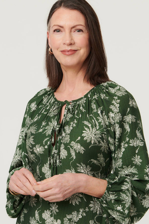 Green | Floral Long Sleeve Tie Neck Maxi Dress