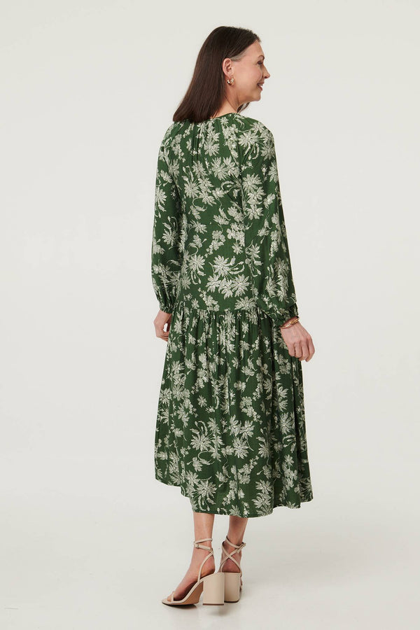 Green | Floral Long Sleeve Tie Neck Maxi Dress