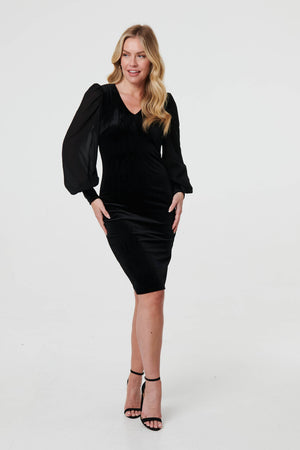 Black | Long Balloon Sleeve Knee Length Dress

