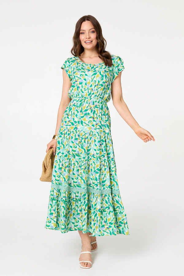 Green | Printed Cap Sleeve Lace Tier Maxi Dress