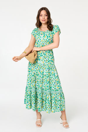 Green | Printed Cap Sleeve Lace Tier Maxi Dress