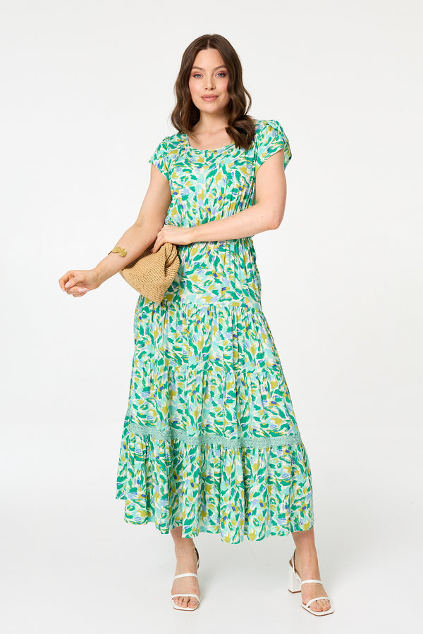 Green | Printed Cap Sleeve Lace Tier Maxi Dress