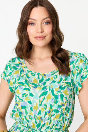 Green | Printed Cap Sleeve Lace Tier Maxi Dress