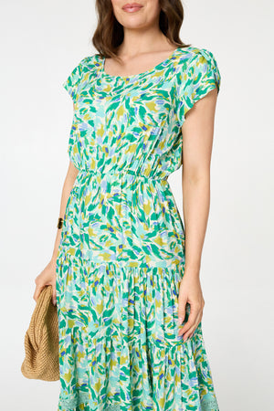 Green | Printed Cap Sleeve Lace Tier Maxi Dress