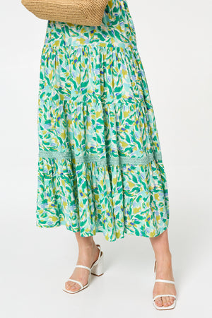Green | Printed Cap Sleeve Lace Tier Maxi Dress