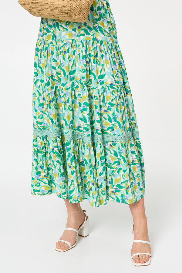 Green | Printed Cap Sleeve Lace Tier Maxi Dress