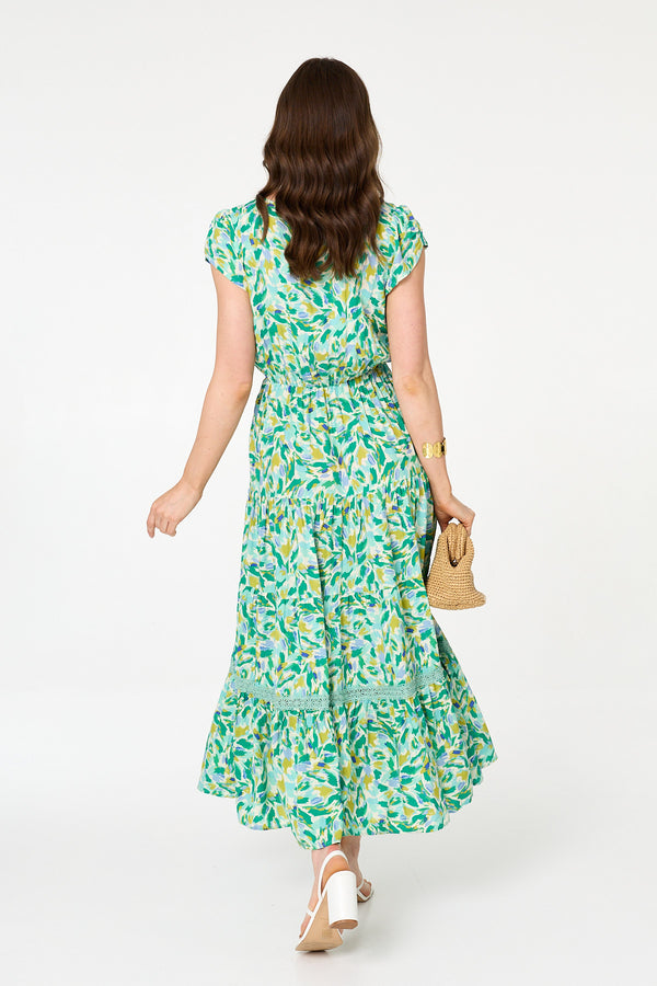 Green | Printed Cap Sleeve Lace Tier Maxi Dress