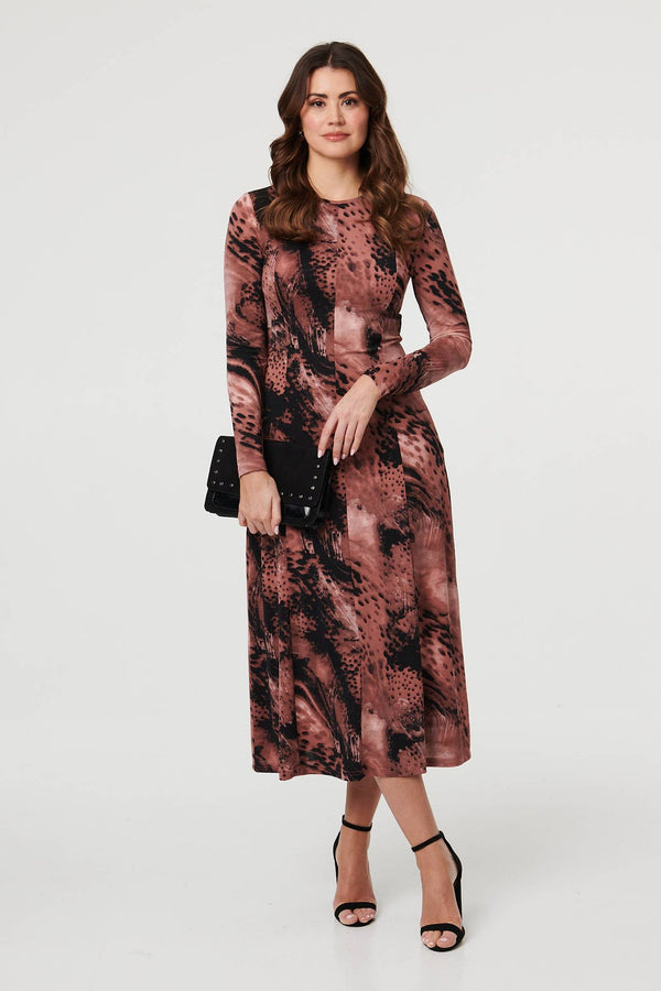 Pink | Abstract Long Sleeve Flared Midi Dress