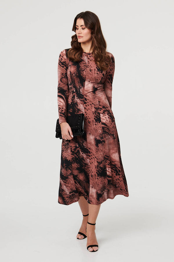 Pink | Abstract Long Sleeve Flared Midi Dress