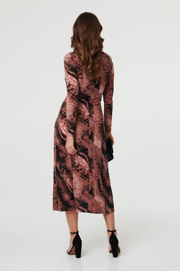 Pink | Abstract Long Sleeve Flared Midi Dress