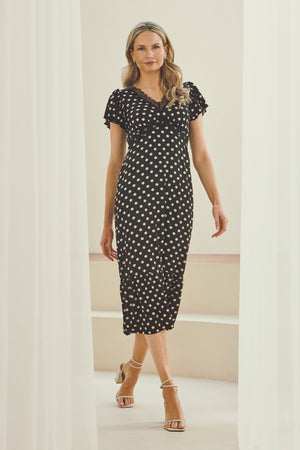 Black | Polka Dot Lace Trim Empire Midi Dress : Model is 5'10