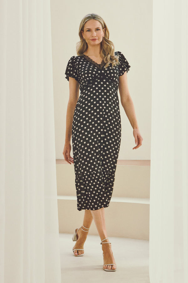 Black | Polka Dot Lace Trim Empire Midi Dress : Model is 5'10"/178 cm and wears UK10/EU38/US6/AUS10