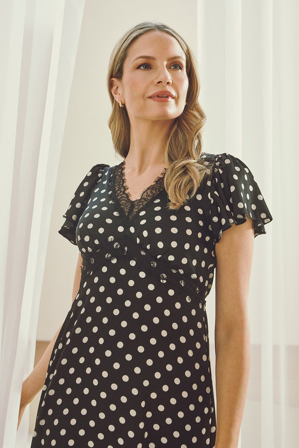 Black | Polka Dot Lace Trim Empire Midi Dress : Model is 5'10"/178 cm and wears UK10/EU38/US6/AUS10