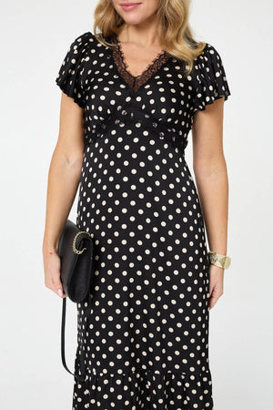 Black | Polka Dot Lace Trim Empire Midi Dress