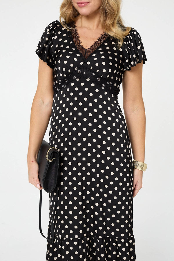 Black | Polka Dot Lace Trim Empire Midi Dress