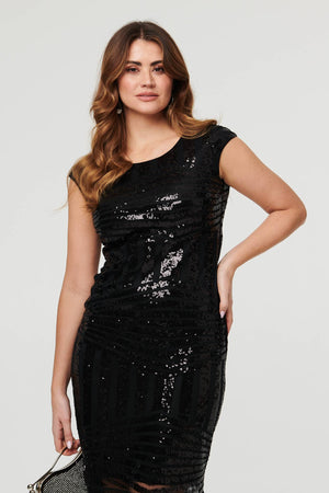Black | Sequin Embellished Fringed Midi Dress
