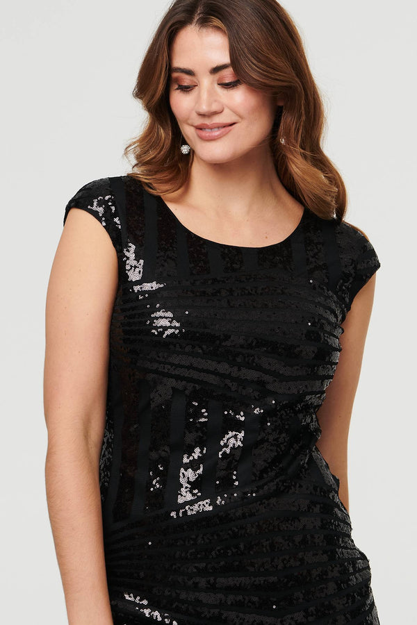 Black | Sequin Embellished Fringed Midi Dress
