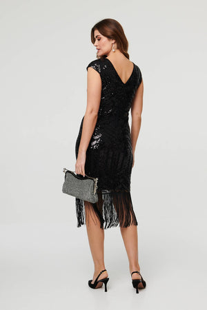 Black | Sequin Embellished Fringed Midi Dress
