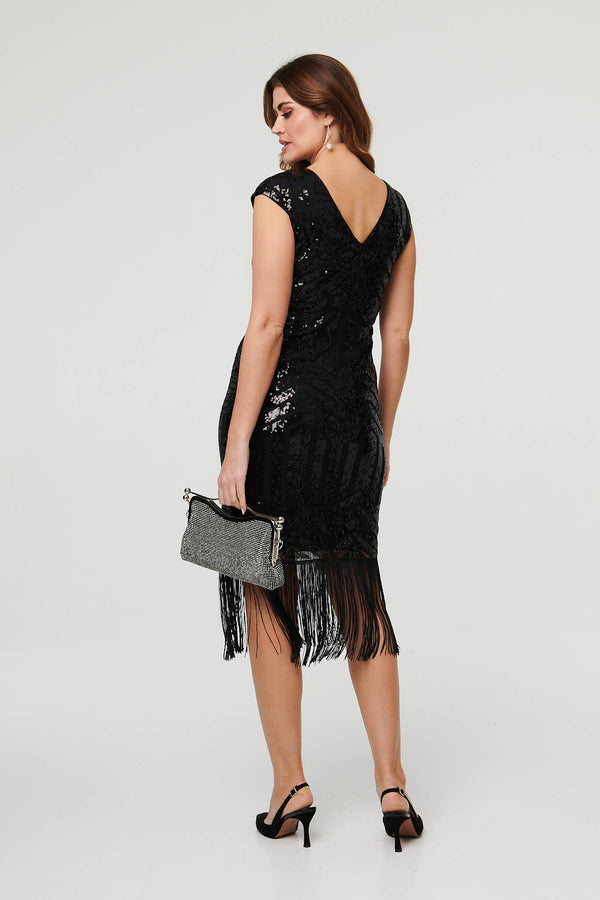 Black | Sequin Embellished Fringed Midi Dress
