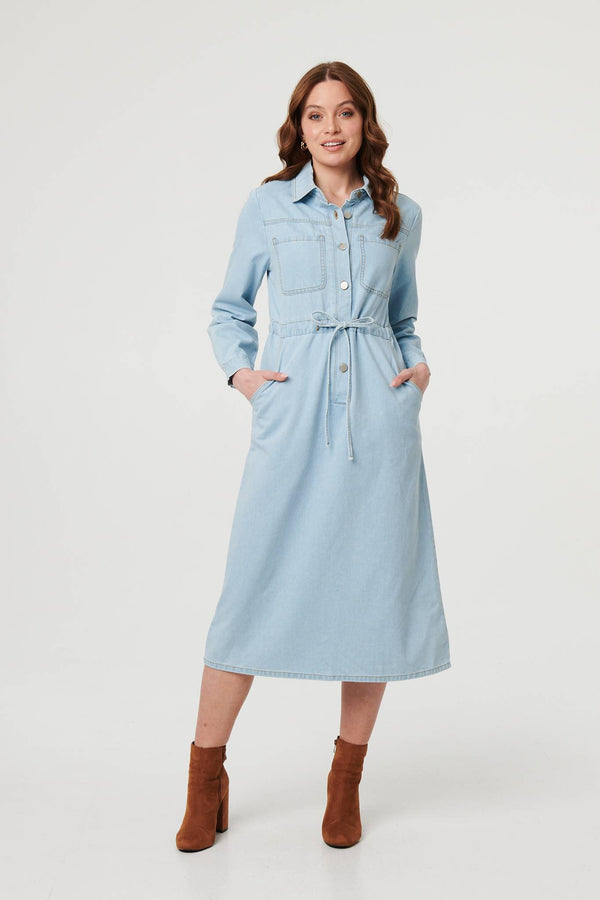 Blue | Denim Tie Waist Long Sleeve Midi Dress

