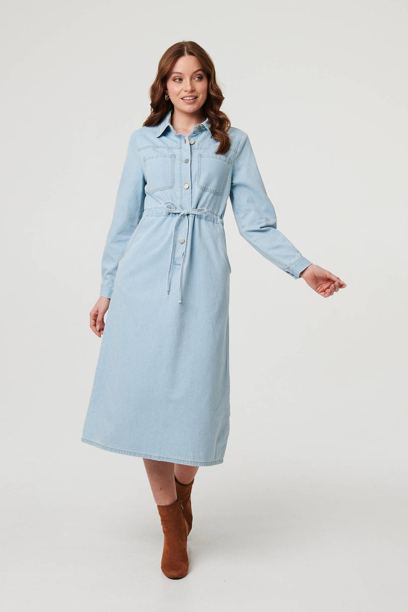 Denim Tie Waist Long Sleeve Midi Dress