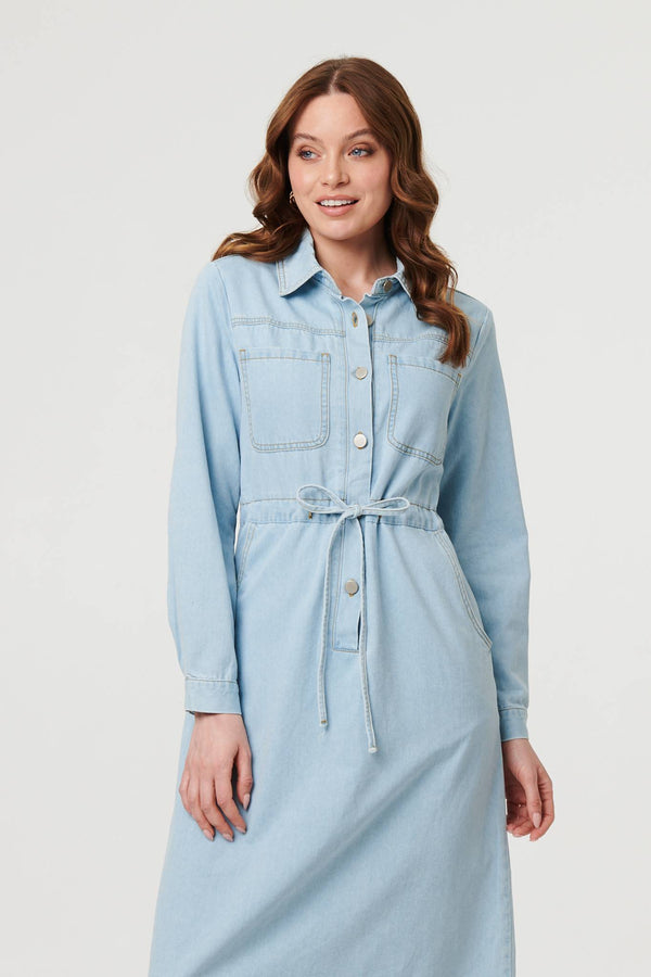 Blue | Denim Tie Waist Long Sleeve Midi Dress
