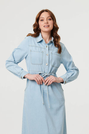 Blue | Denim Tie Waist Long Sleeve Midi Dress
