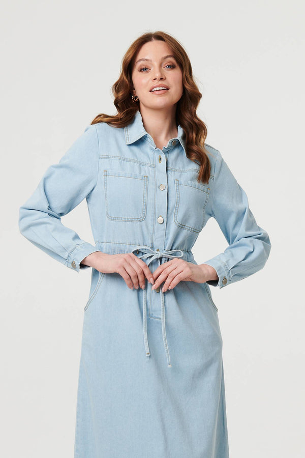 Blue | Denim Tie Waist Long Sleeve Midi Dress
