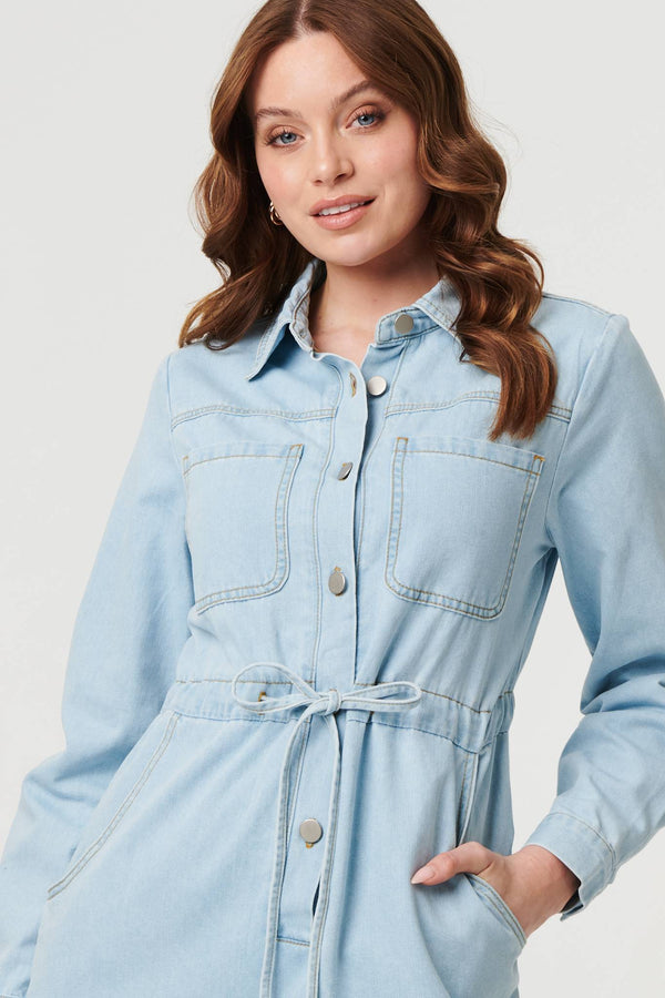 Blue | Denim Tie Waist Long Sleeve Midi Dress
