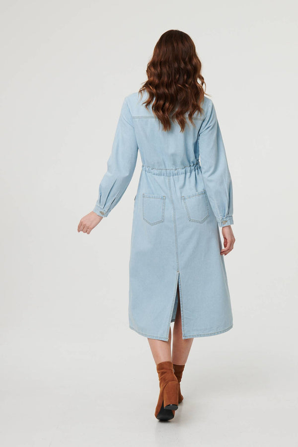 Blue | Denim Tie Waist Long Sleeve Midi Dress
