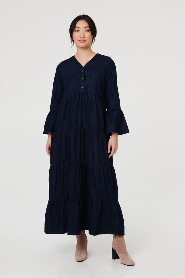 Blue | Tiered Long Sleeve Relaxed Maxi Dress
