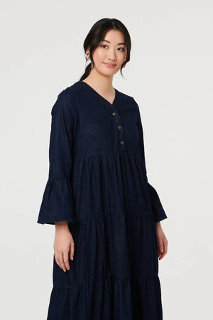 Blue | Tiered Long Sleeve Relaxed Maxi Dress
