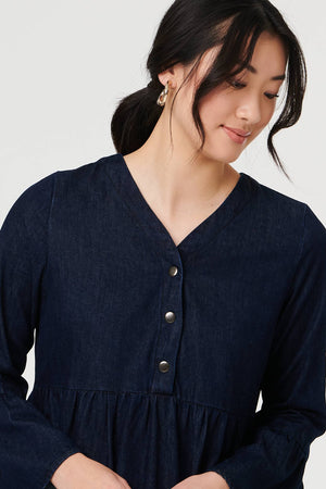 Blue | Tiered Long Sleeve Relaxed Maxi Dress
