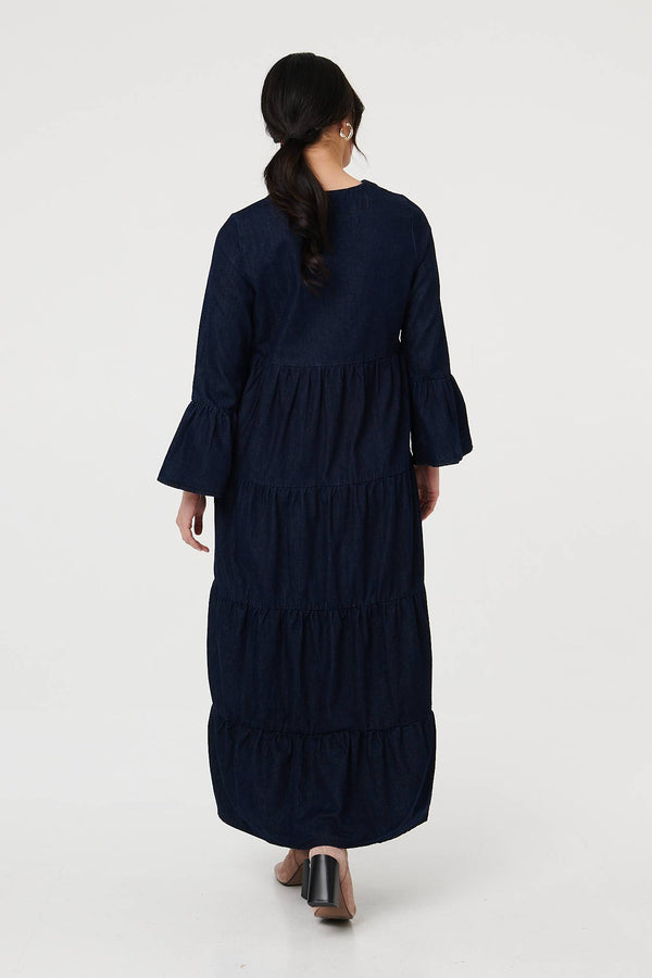 Blue | Tiered Long Sleeve Relaxed Maxi Dress
