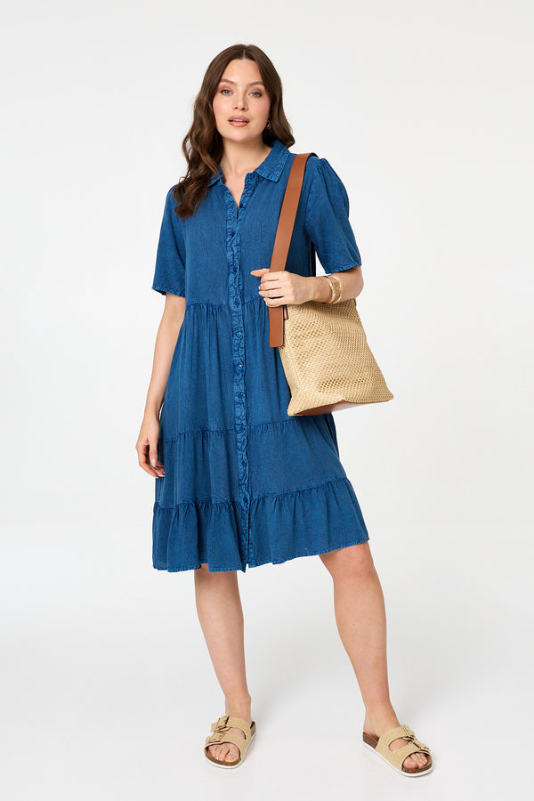 Blue | Tiered 1/2 Sleeve Knee Length Dress
