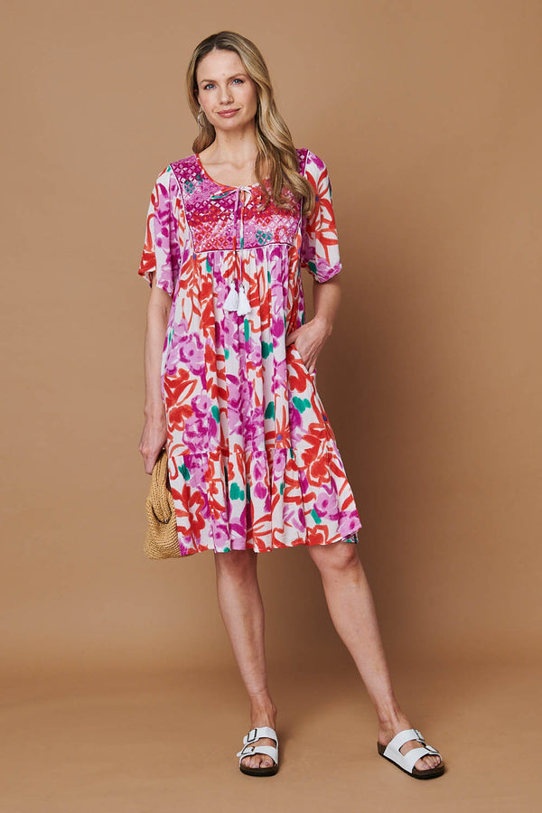 knee length smock dress Printed V-neck 40 inchin Hibiscus Knee Length Smock Tube-Top