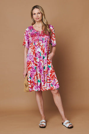Pink | Printed Tassel Knee Length Smock Dress