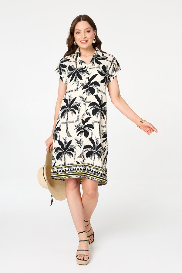 Black | Tropical Cap Sleeve Knee Length Dress