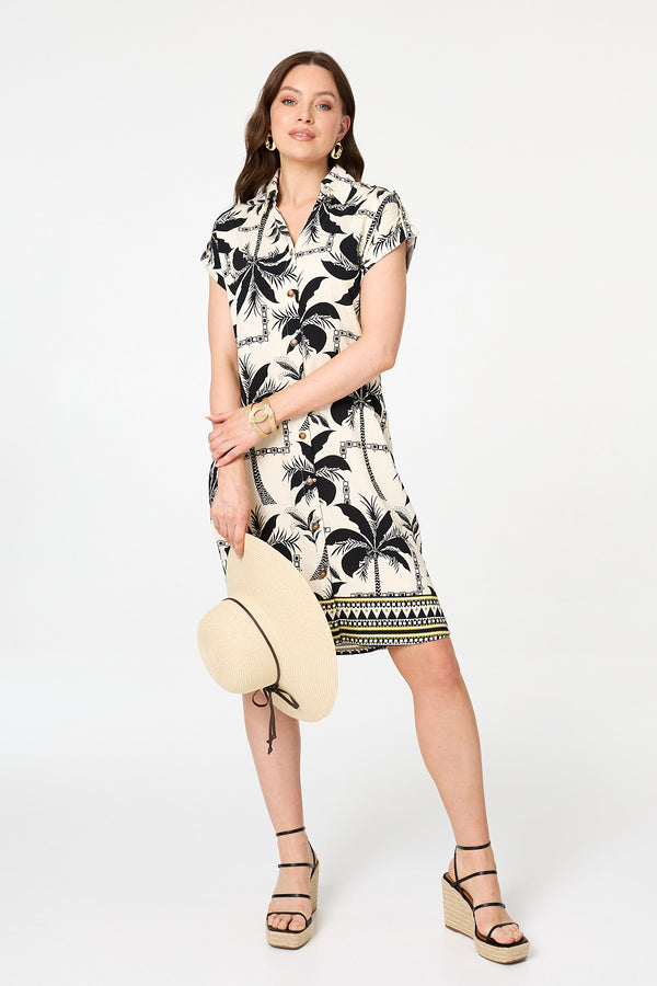 Black | Tropical Cap Sleeve Knee Length Dress
