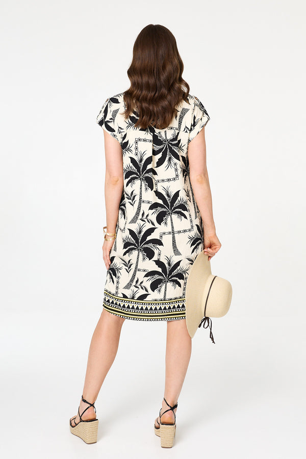 Black | Tropical Cap Sleeve Knee Length Dress