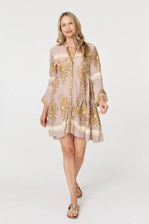 Beige | Baroque Print Long Sleeve Short Dress