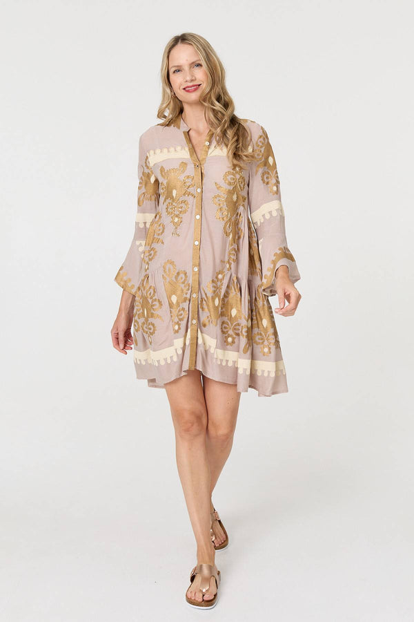 Beige | Baroque Print Long Sleeve Short Dress