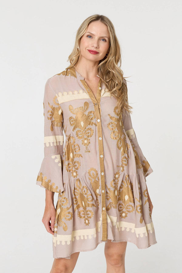 Beige | Baroque Print Long Sleeve Short Dress