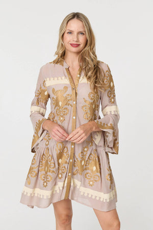 Beige | Baroque Print Long Sleeve Short Dress