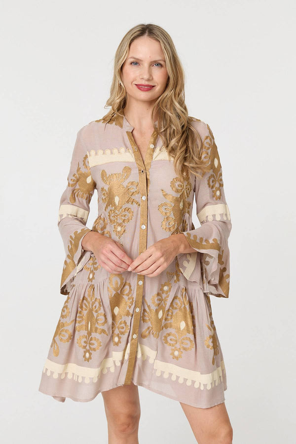 Beige | Baroque Print Long Sleeve Short Dress