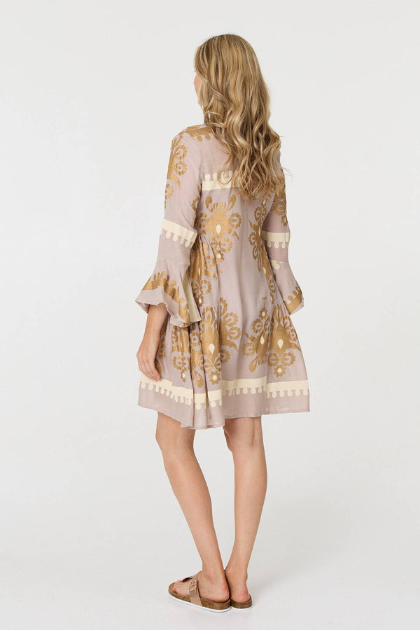 Beige | Baroque Print Long Sleeve Short Dress