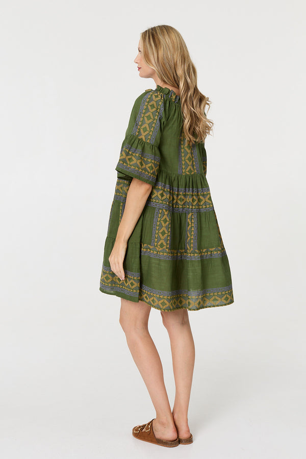 Green | Embroidered 1/2 Flare Sleeve Short Dress
